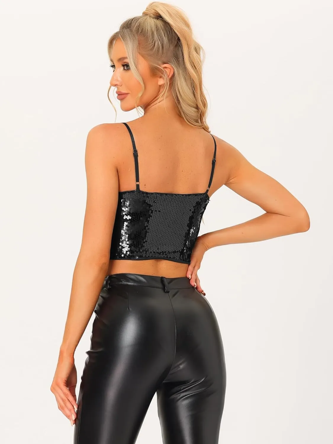 Allegra K Sequin Cami Top for Women's Halloween Spaghetti Strap Club Party Crop Tank Tops