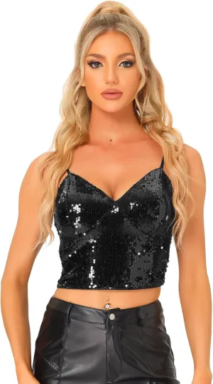 Allegra K Sequin Cami Top for Women's Halloween Spaghetti Strap Club Party Crop Tank Tops