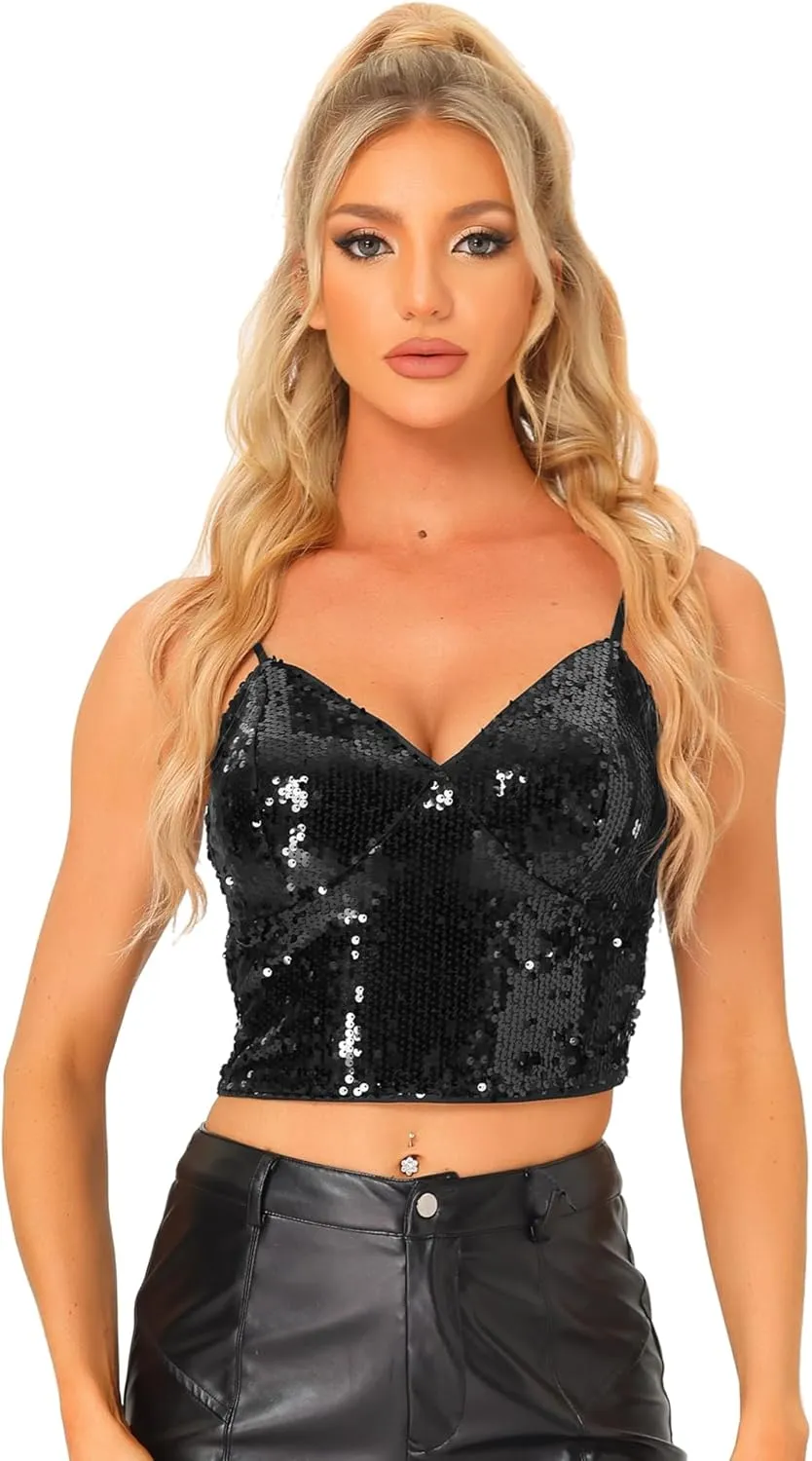 Allegra K Sequin Cami Top for Women's Halloween Spaghetti Strap Club Party Crop Tank Tops
