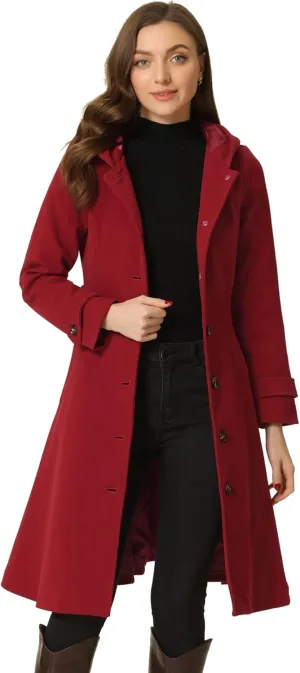 Allegra K Winter Coat for Women's Single Breasted Hooded Trench Coat Long Sleeve Overcoat with Pockets