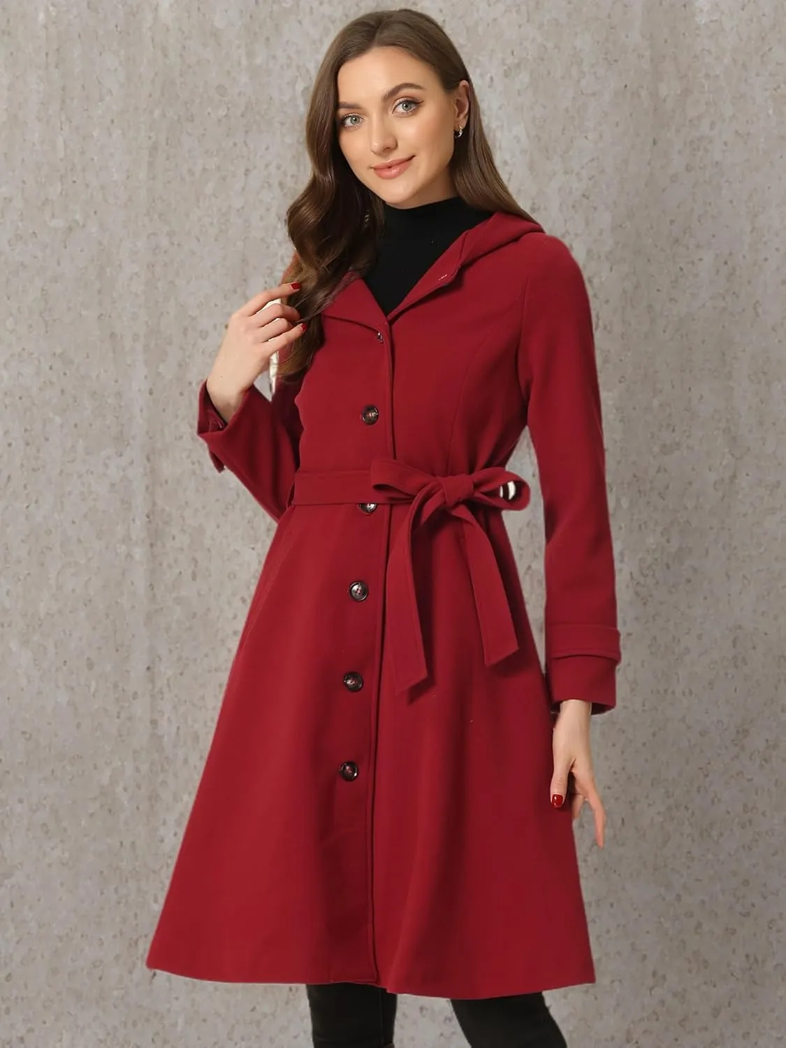 Allegra K Winter Coat for Women's Single Breasted Hooded Trench Coat Long Sleeve Overcoat with Pockets