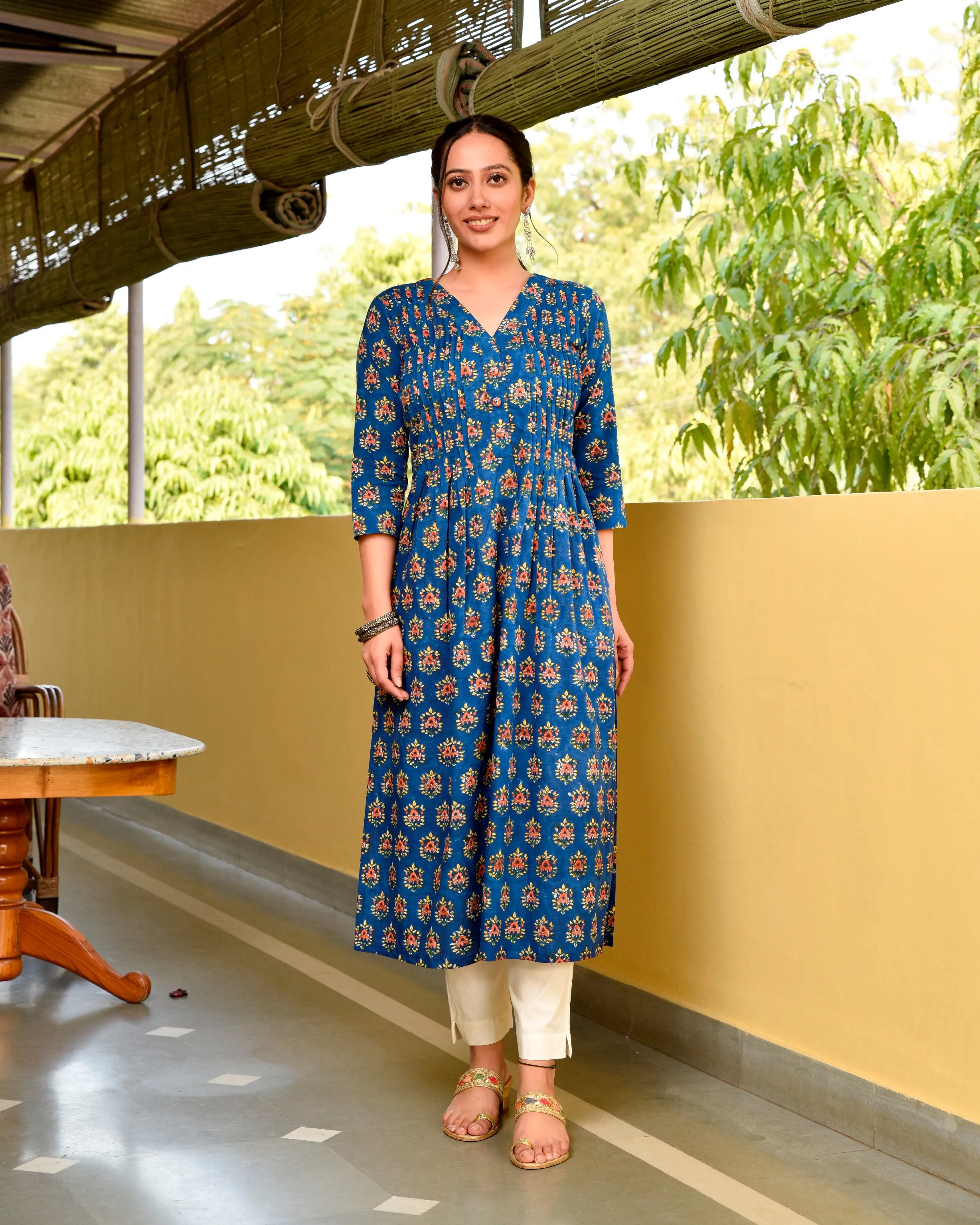 Bashir Blue Handblock Cotton Pleated Straight Buti Kurta