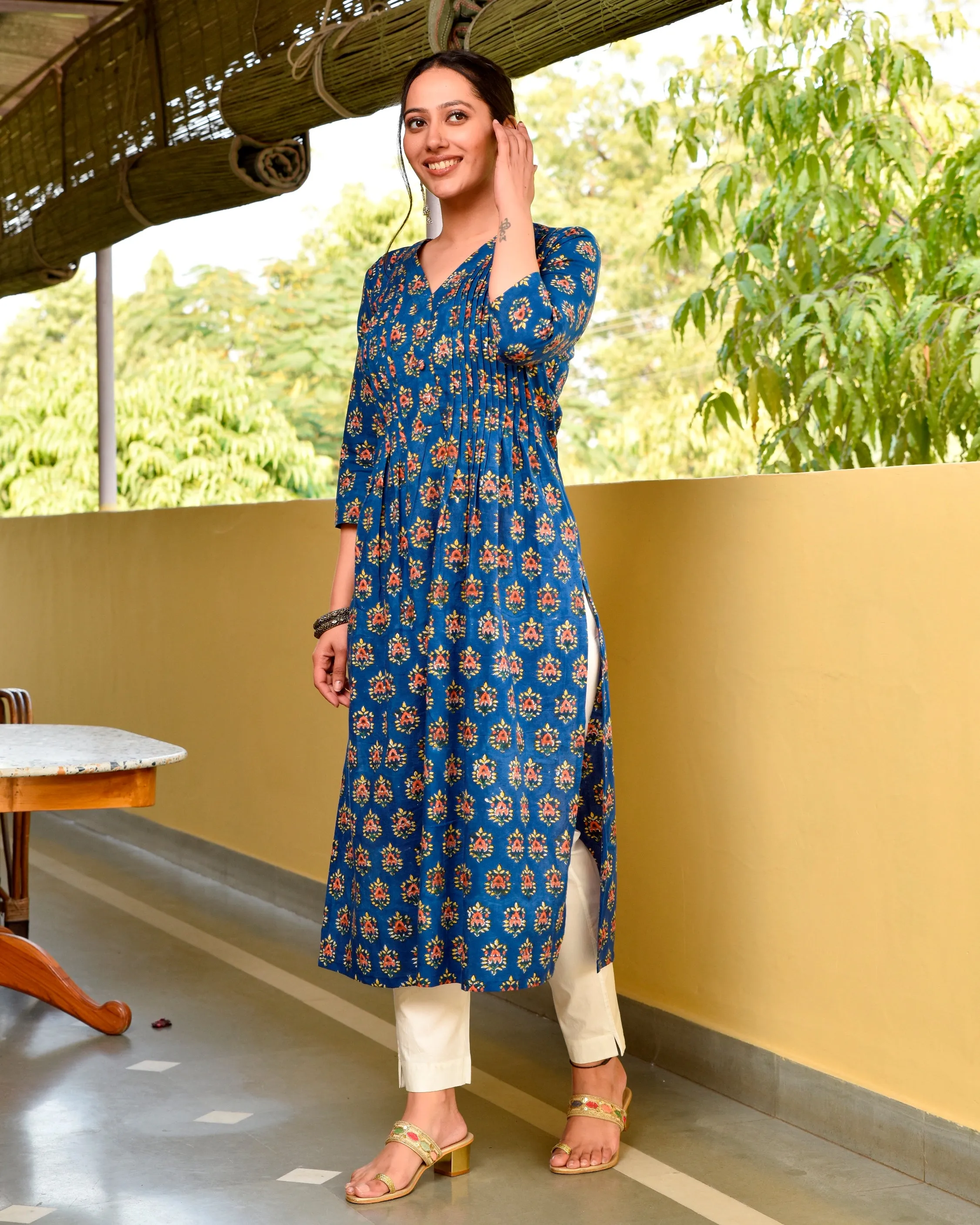 Bashir Blue Handblock Cotton Pleated Straight Buti Kurta