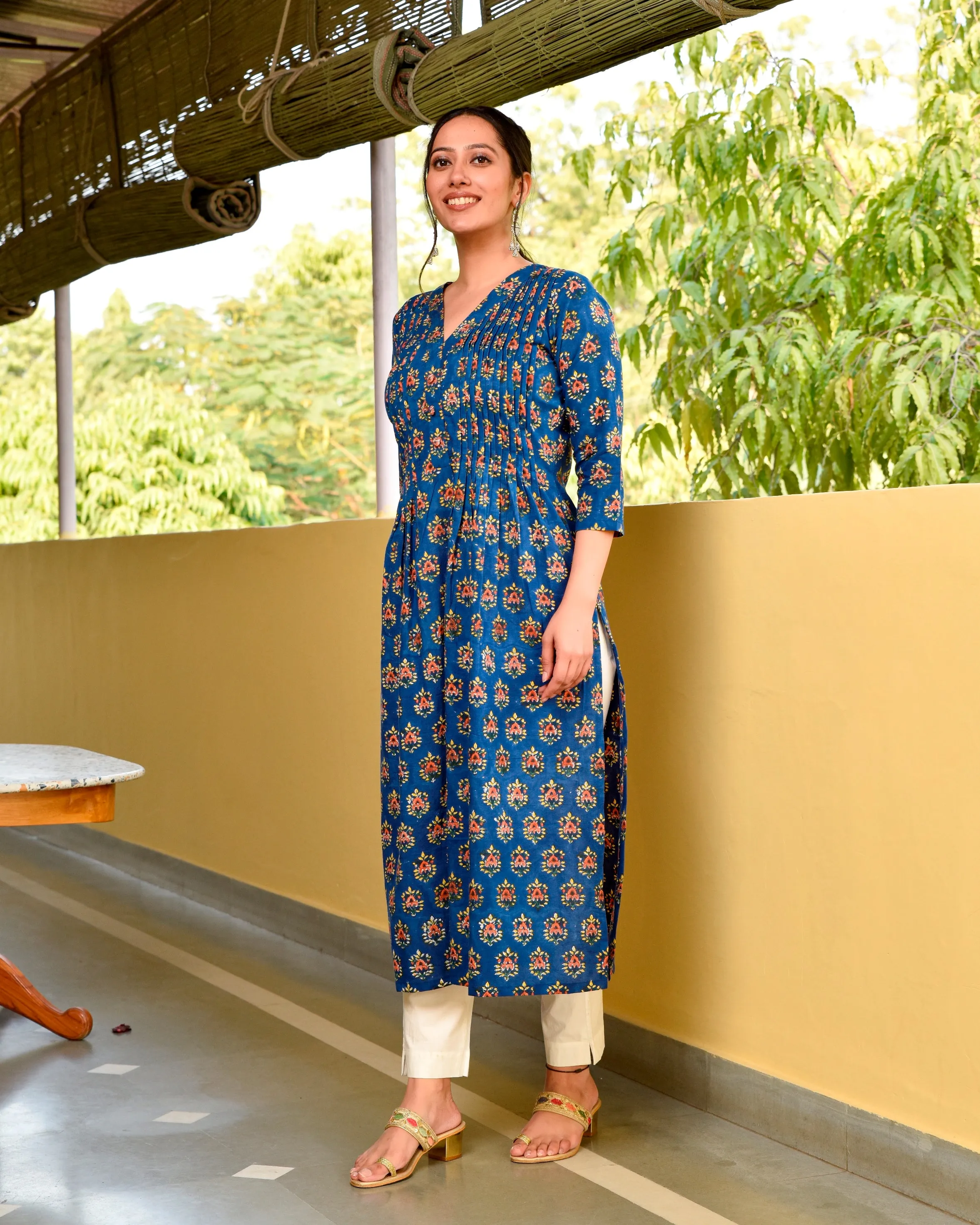 Bashir Blue Handblock Cotton Pleated Straight Buti Kurta
