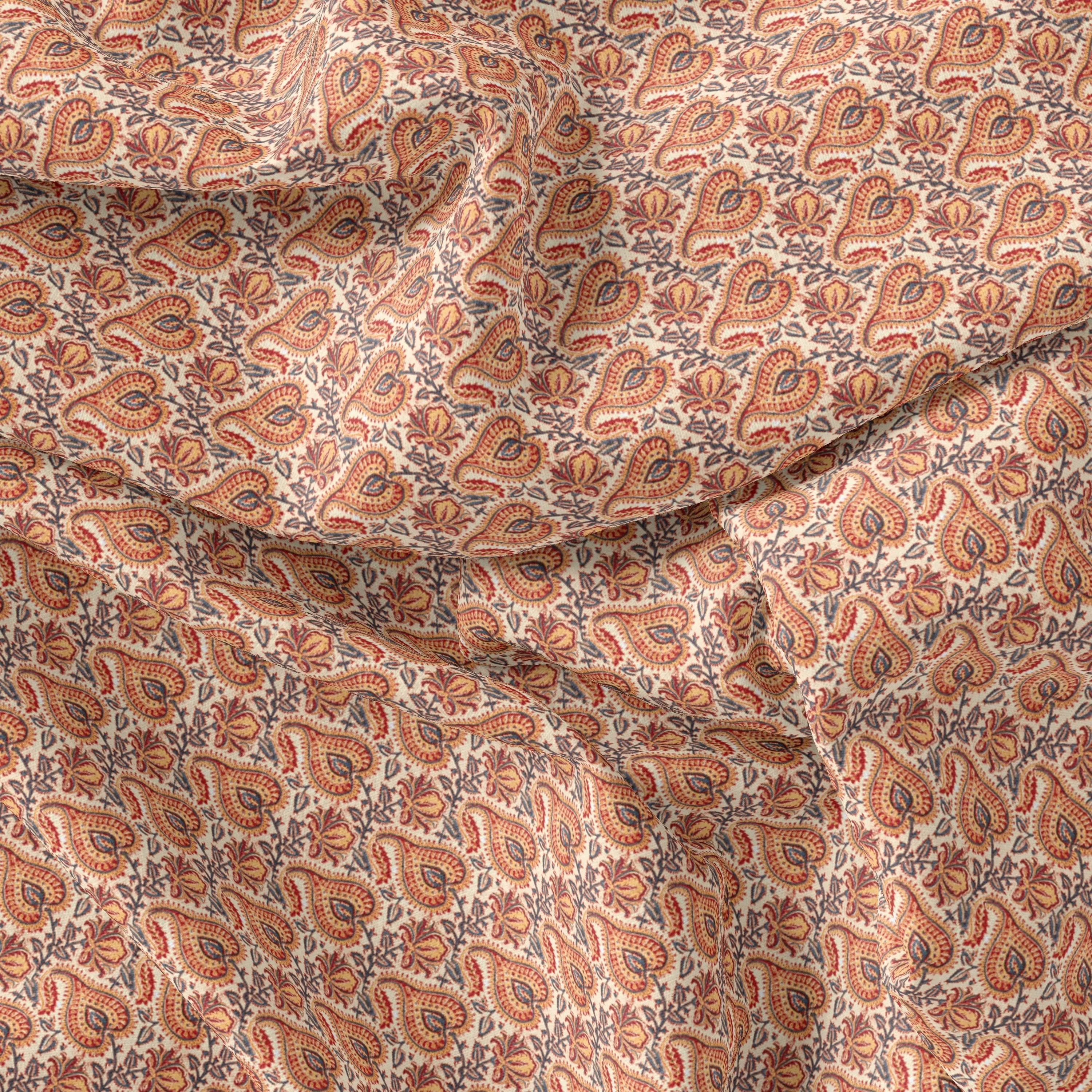 Beautiful Birch Leaves With Golden Flower Digital Printed Fabric - Kora Silk