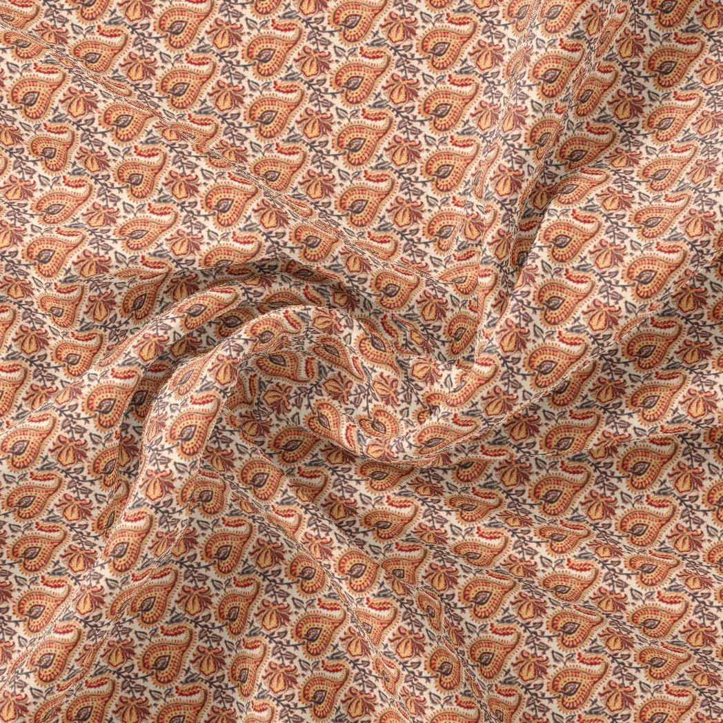 Beautiful Birch Leaves With Golden Flower Digital Printed Fabric - Kora Silk