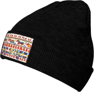 Black Warm Knit Hat Runner Swedish Dala Horse Folk Pattern Soft Good Elasticity Suitable for Daily and Outdoor Sports