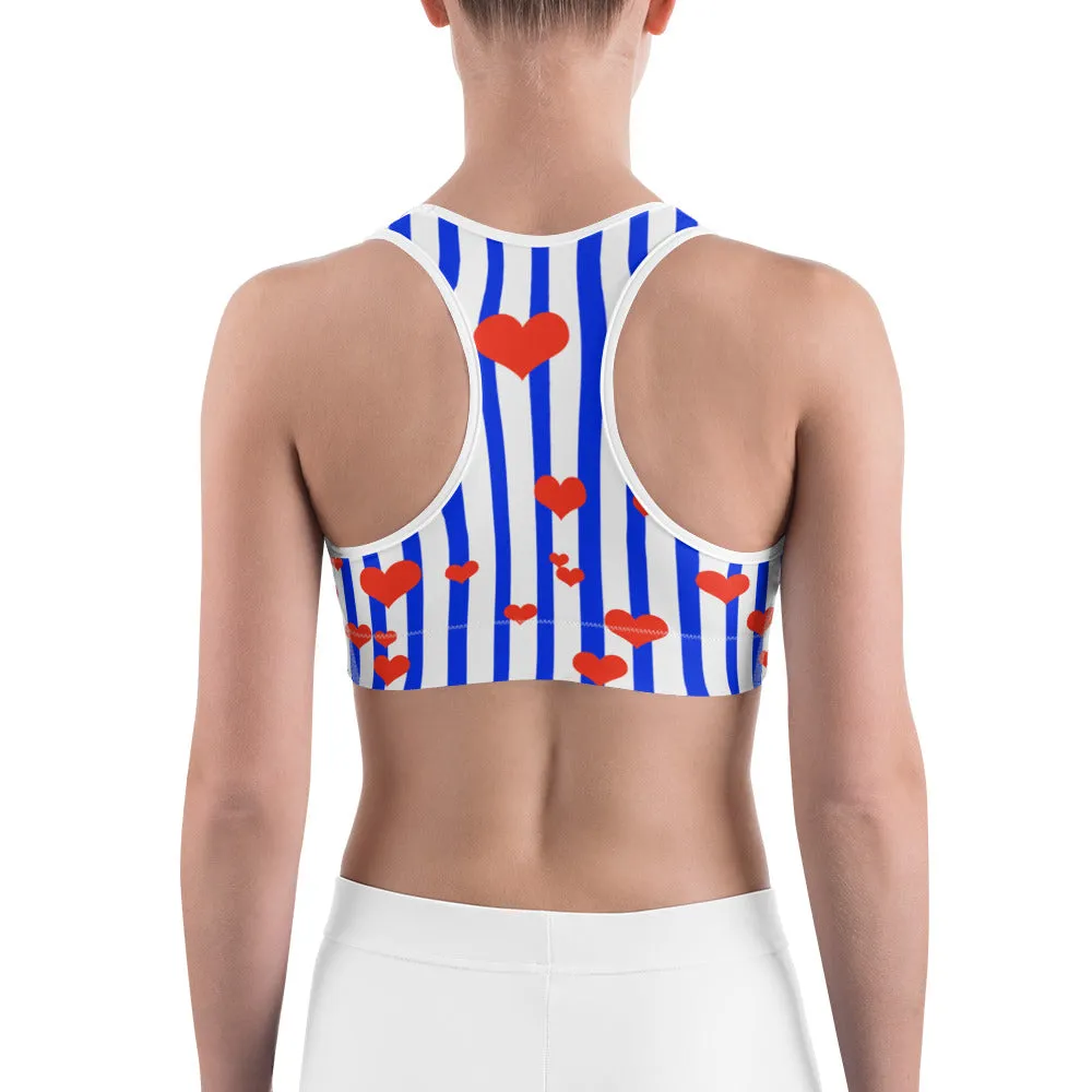 Blue Striped Women's Sports Bra, Red Hearts Unpadded Fitness Gym Bra - Made in USA/EU