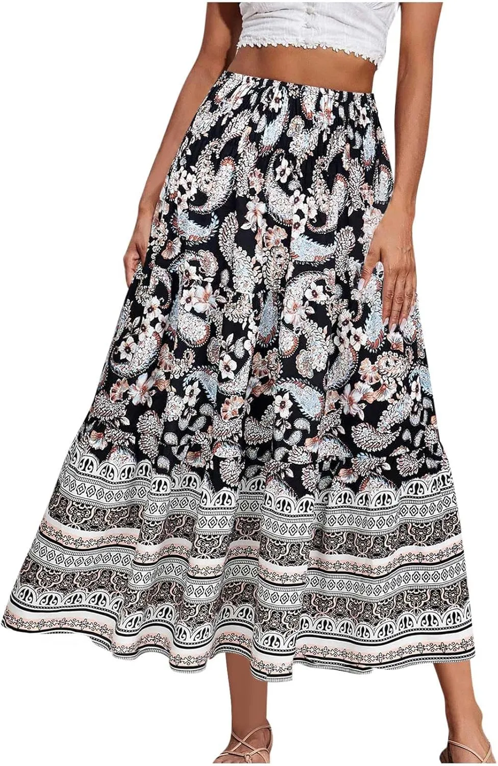 Boho Hawaiian Ruched High Cut Beach Skirts for Women Color Block Flower Maxi Long Loose Fit Skort Women 2025