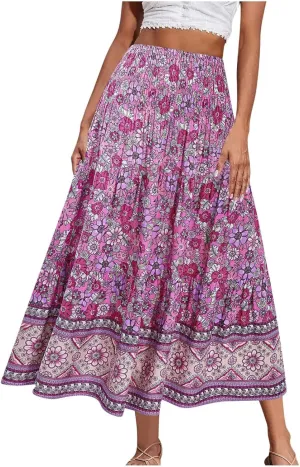 Boho Hawaiian Ruched High Cut Beach Skirts for Women Color Block Flower Maxi Long Loose Fit Skort Women 2025