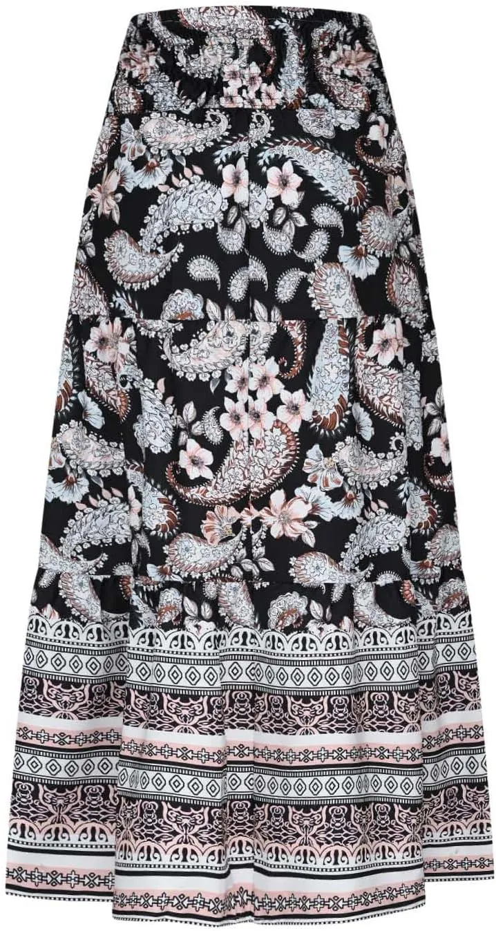 Boho Hawaiian Ruched High Cut Beach Skirts for Women Color Block Flower Maxi Long Loose Fit Skort Women 2025