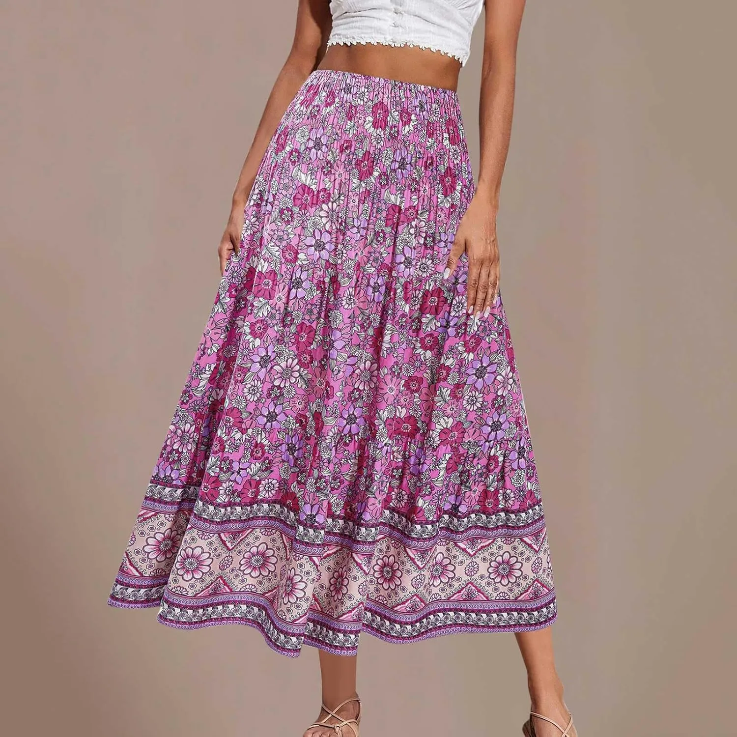 Boho Hawaiian Ruched High Cut Beach Skirts for Women Color Block Flower Maxi Long Loose Fit Skort Women 2025
