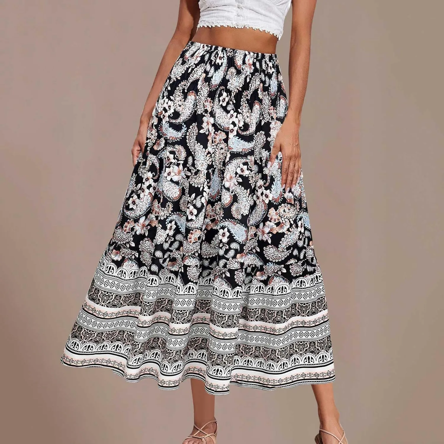 Boho Hawaiian Ruched High Cut Beach Skirts for Women Color Block Flower Maxi Long Loose Fit Skort Women 2025