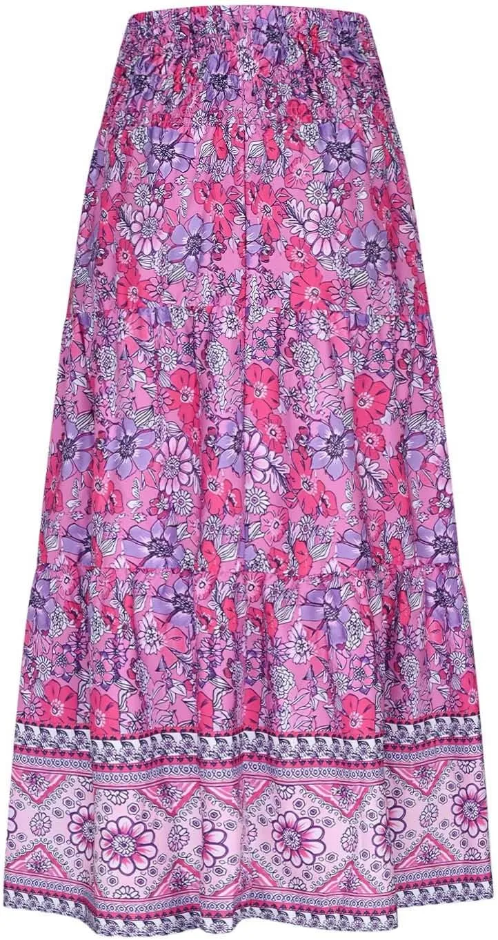 Boho Hawaiian Ruched High Cut Beach Skirts for Women Color Block Flower Maxi Long Loose Fit Skort Women 2025