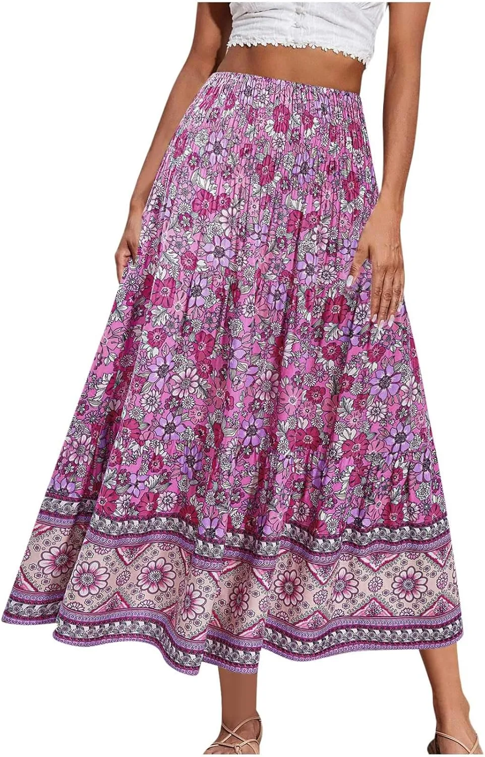 Boho Hawaiian Ruched High Cut Beach Skirts for Women Color Block Flower Maxi Long Loose Fit Skort Women 2025