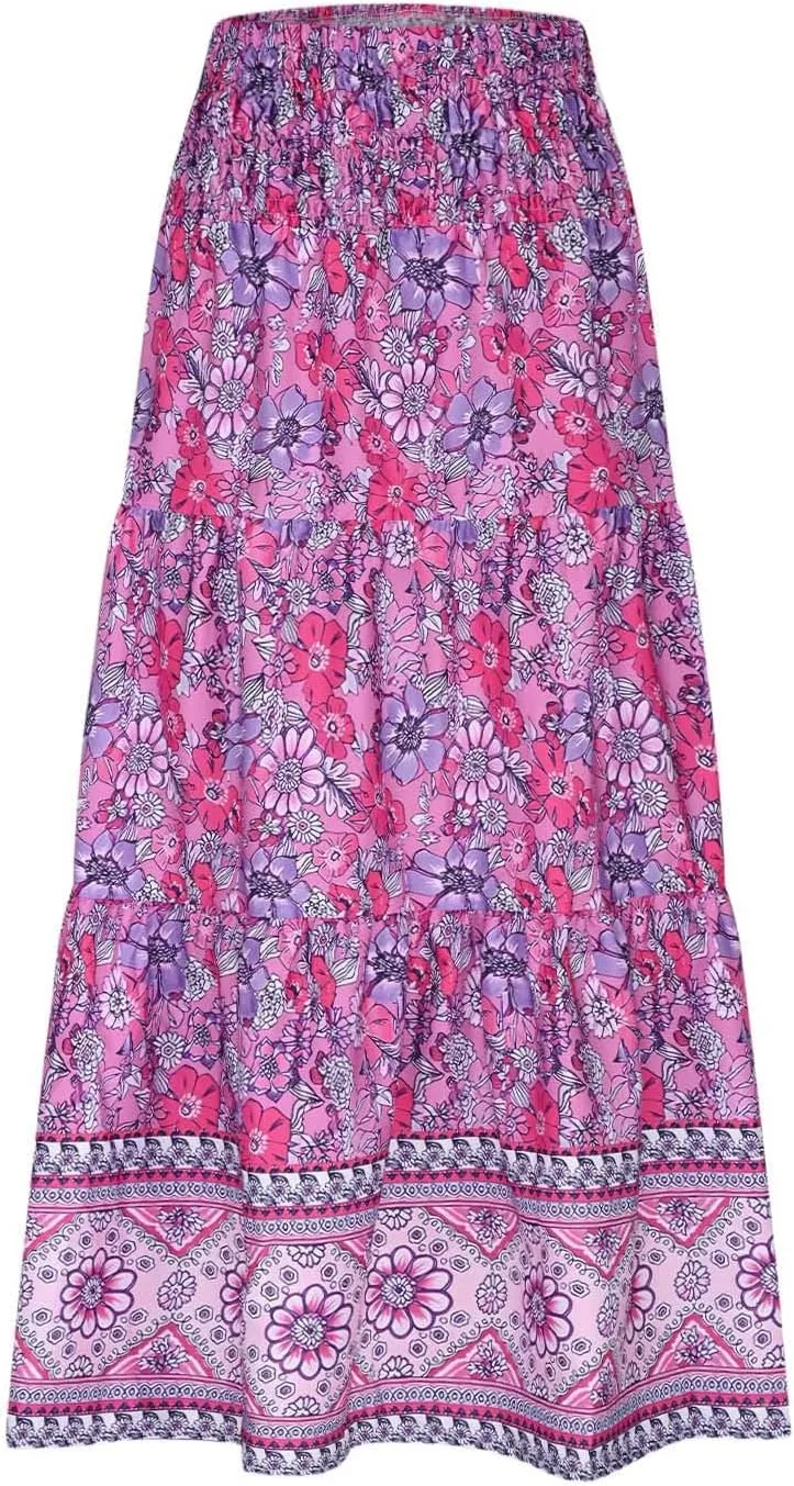 Boho Hawaiian Ruched High Cut Beach Skirts for Women Color Block Flower Maxi Long Loose Fit Skort Women 2025
