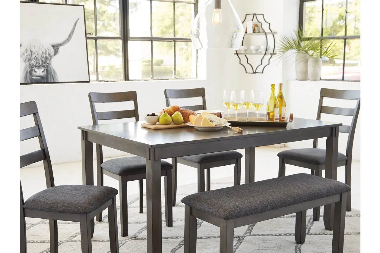 Bridson Gray Dining Table and Chairs with Bench (Set of 6)