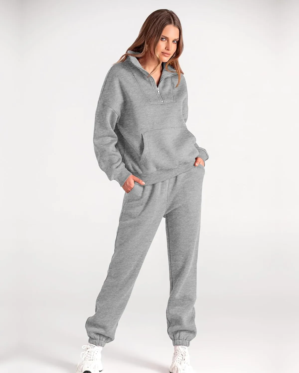BTFBM Women 2 Piece Tracksuits Fall Winter 1/4 Zip Sweatshirt Jogger Pants Matching Lounge Sets Thick Sweatsuits Pockets