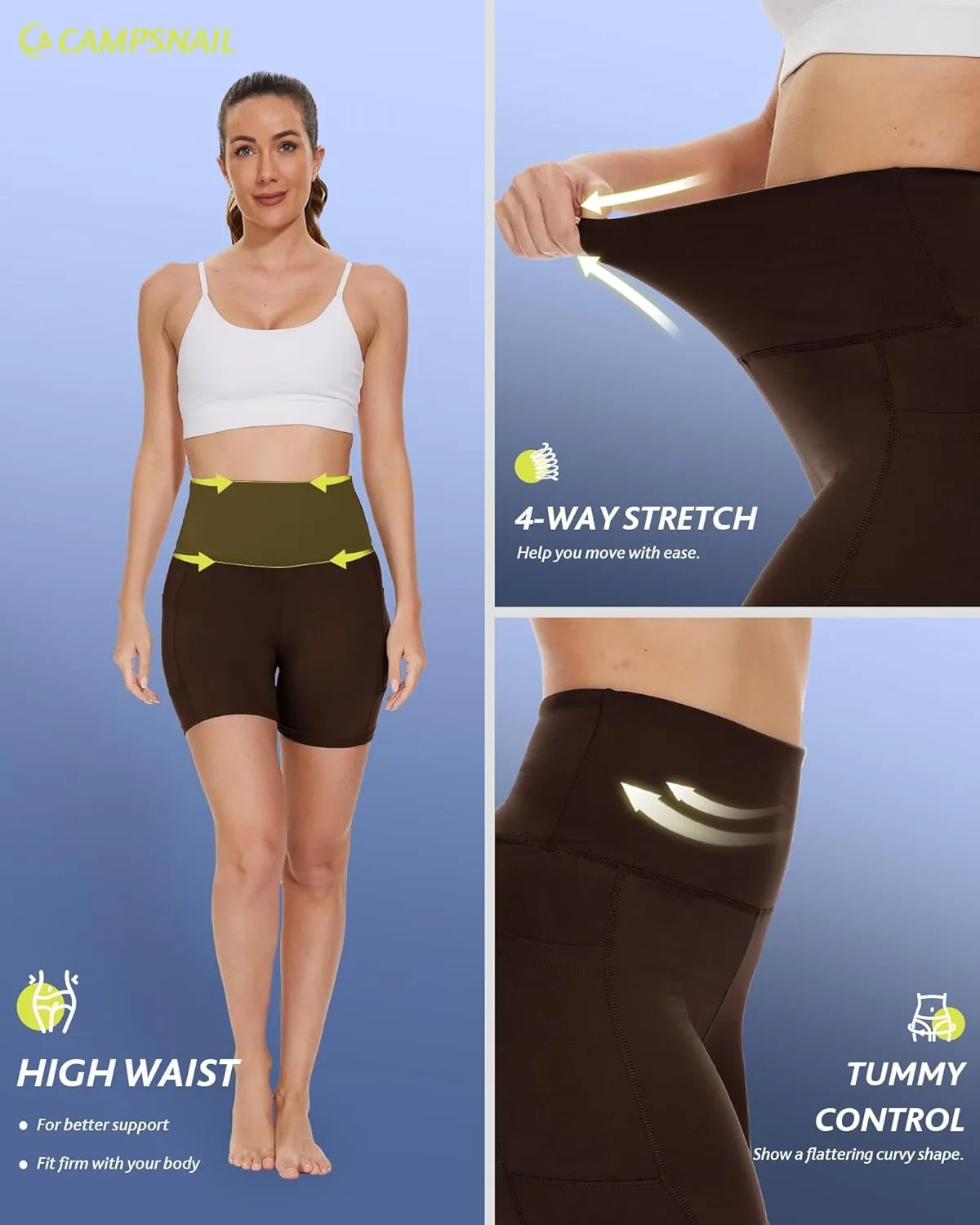 CAMPSNAIL Biker Shorts Women with Pockets - 3"/5"/8" High Waisted Workout Spandex Tummy Control Gym Running Yoga Shorts