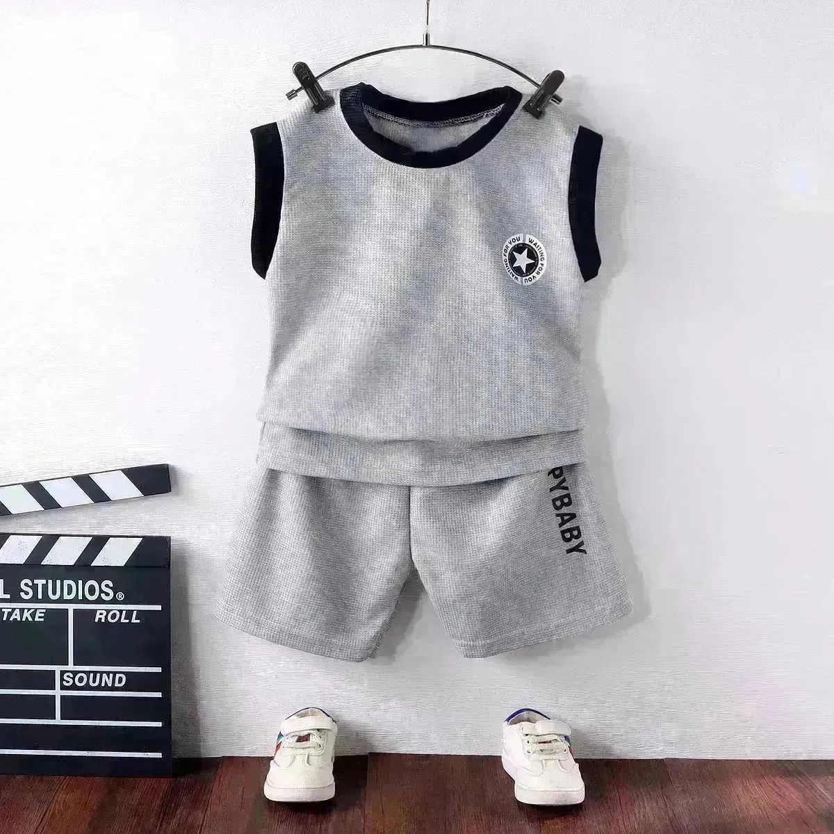 Children's Vest Suit Western Style Sleeveless Waffle two piece for boys casual wears for boys.