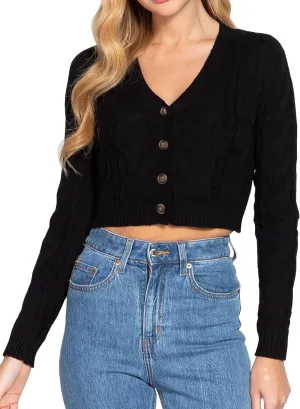 DAY VILLAGE Women's Casual Button Down Classic Retro Style Cable Pattern Cropped Sweater Knit Cardigan