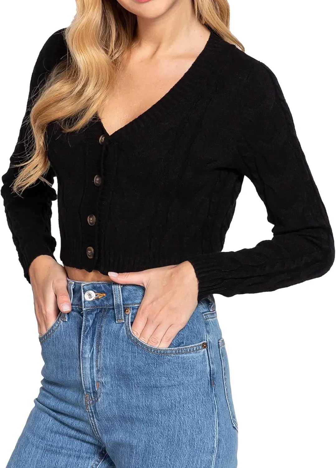 DAY VILLAGE Women's Casual Button Down Classic Retro Style Cable Pattern Cropped Sweater Knit Cardigan