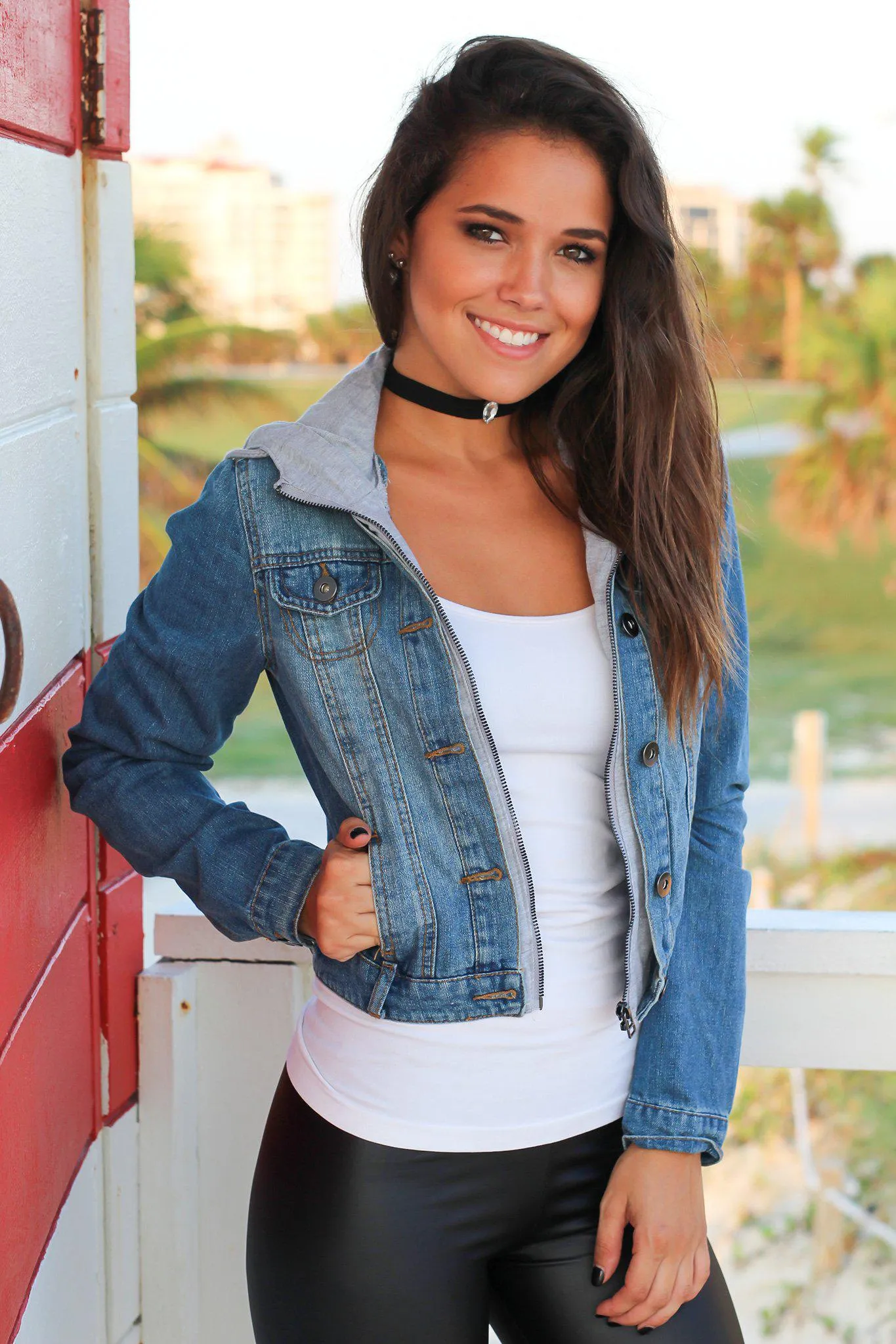 Denim Jacket with Gray Hood