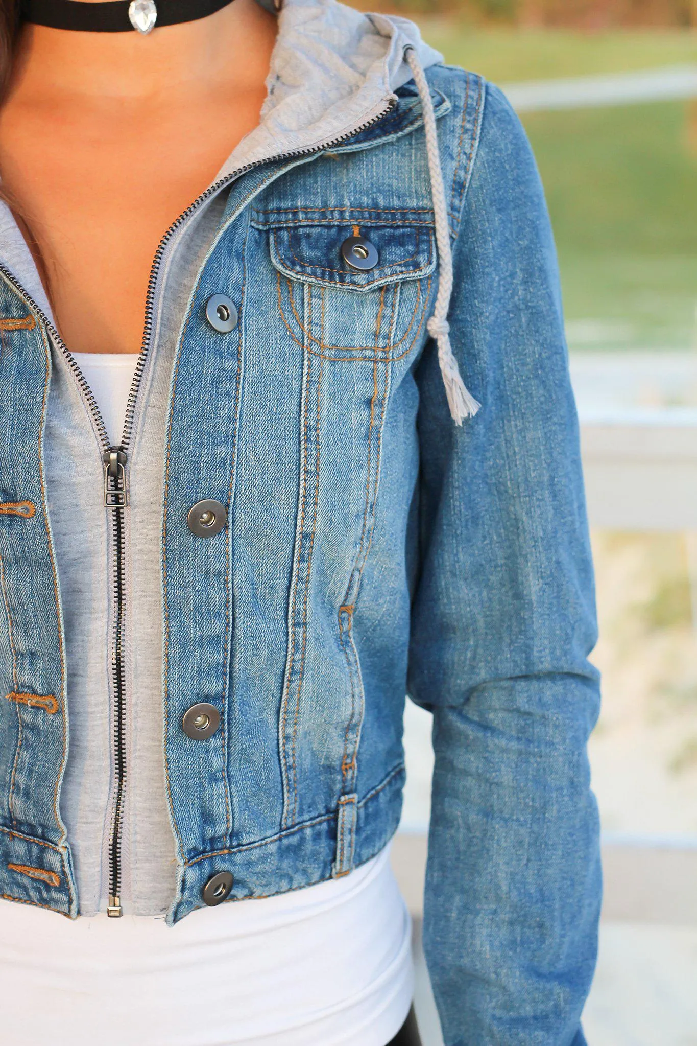 Denim Jacket with Gray Hood