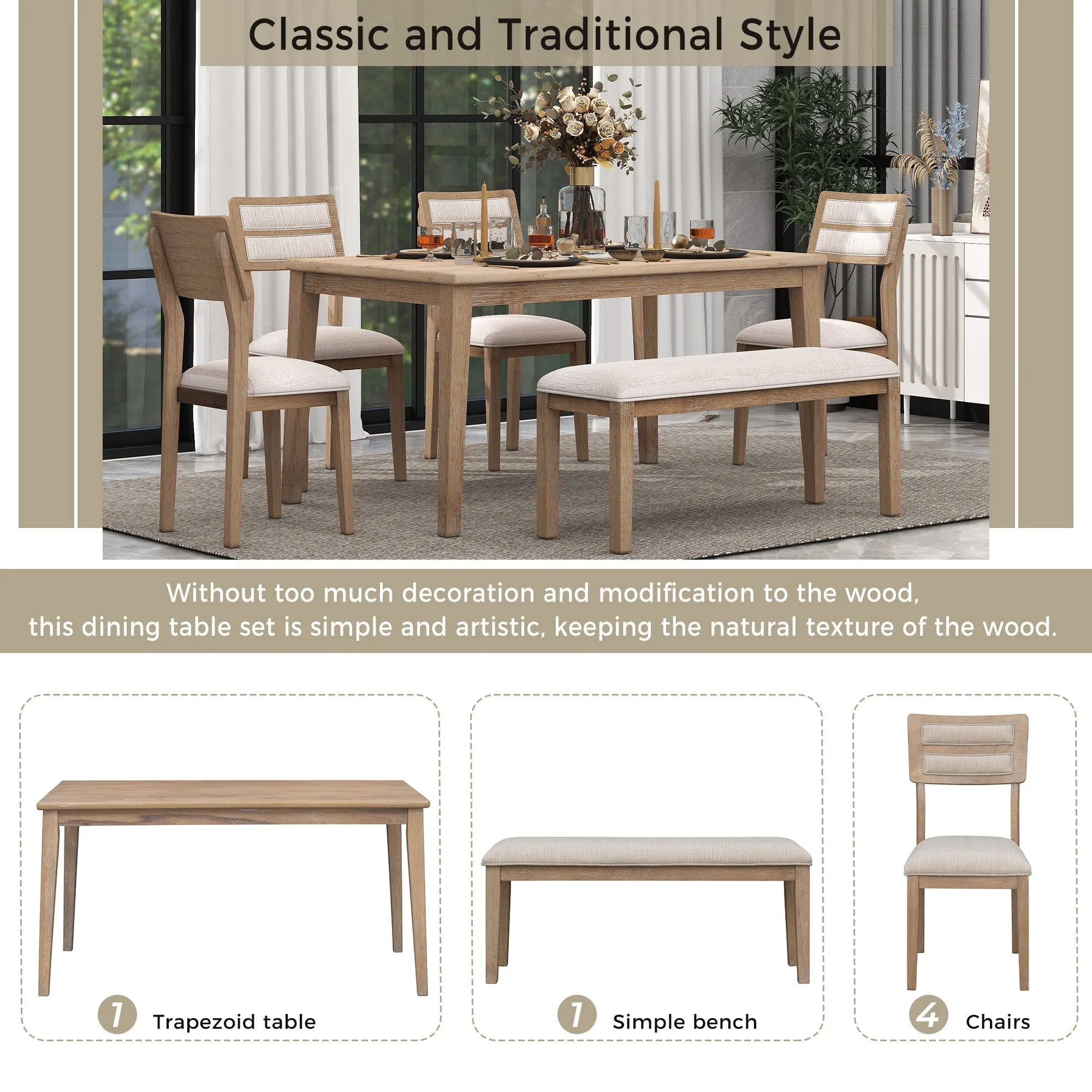 Dining Set Classic And Traditional Style, Includes Dining Table, 4 Upholstered Chairs & Bench
