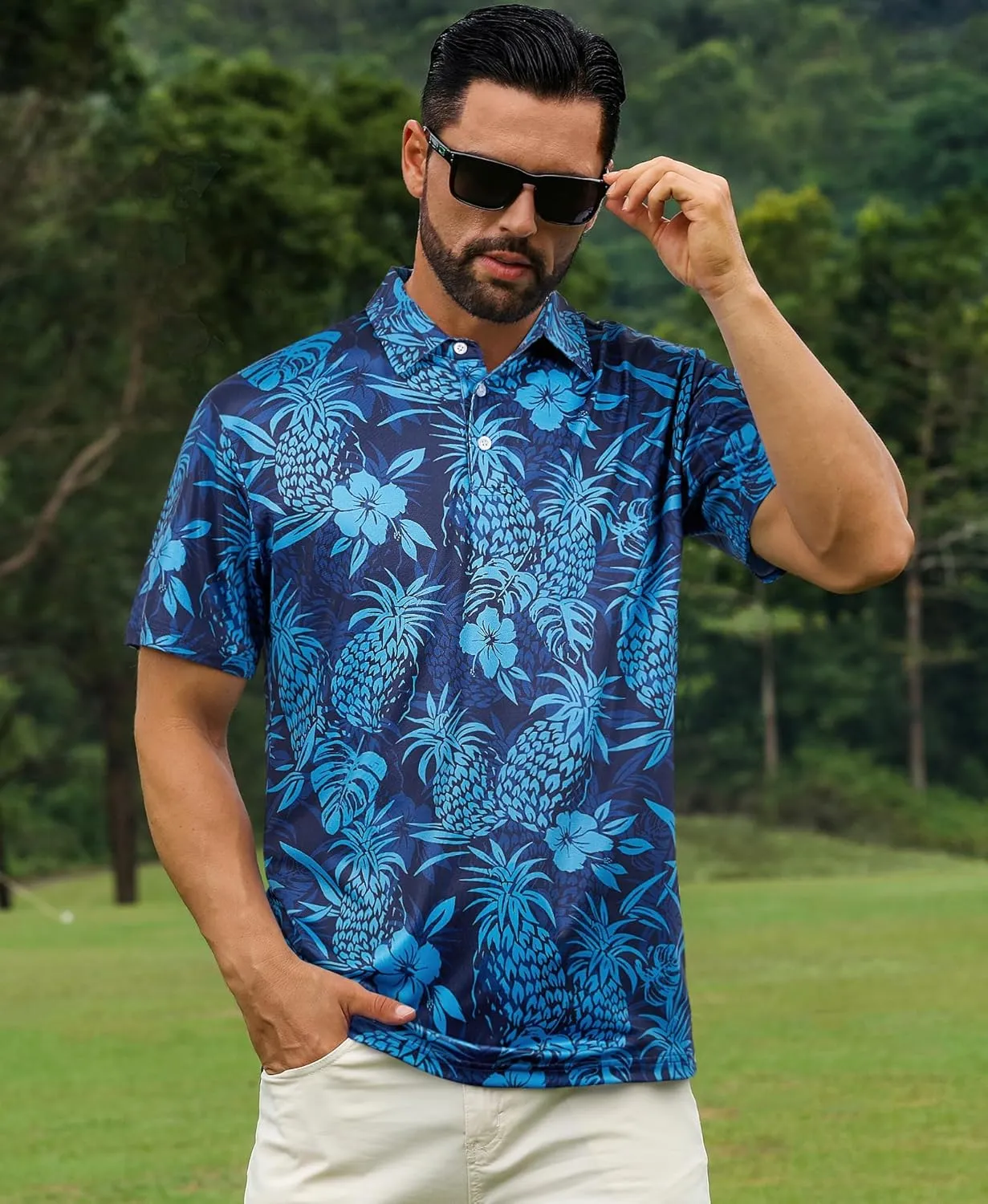 ELETOP Men's Golf Polo Shirts Short Sleeve Moisture Wicking Hawaiian Tropical Polos Performance Golf Shirts for Men Dry Fit