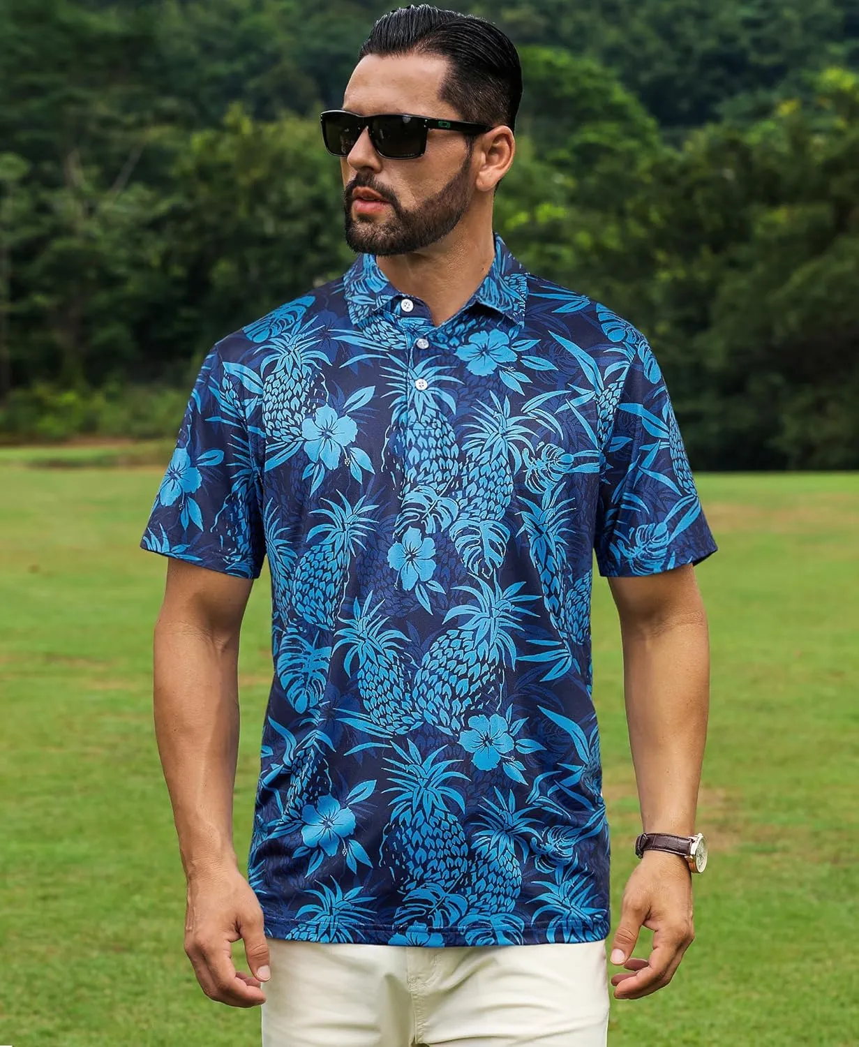ELETOP Men's Golf Polo Shirts Short Sleeve Moisture Wicking Hawaiian Tropical Polos Performance Golf Shirts for Men Dry Fit