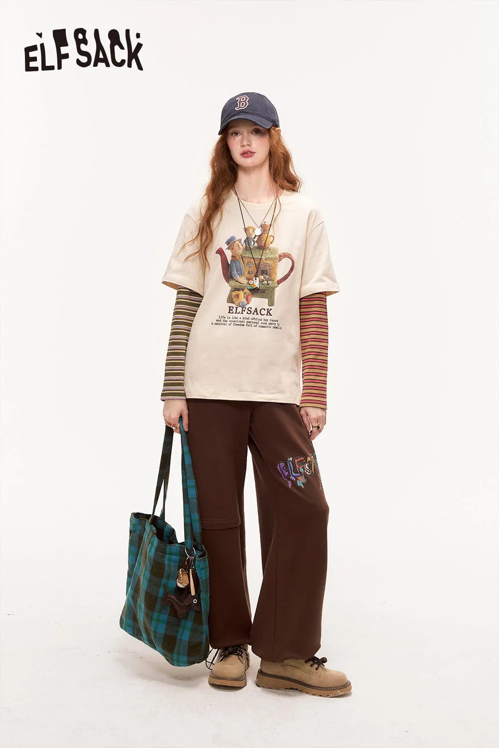 ELFSACK 2024 Autumn New Arrivals Printed Casual Sports Sweatpants for Women Loose Wide Leg Relaxed Fit