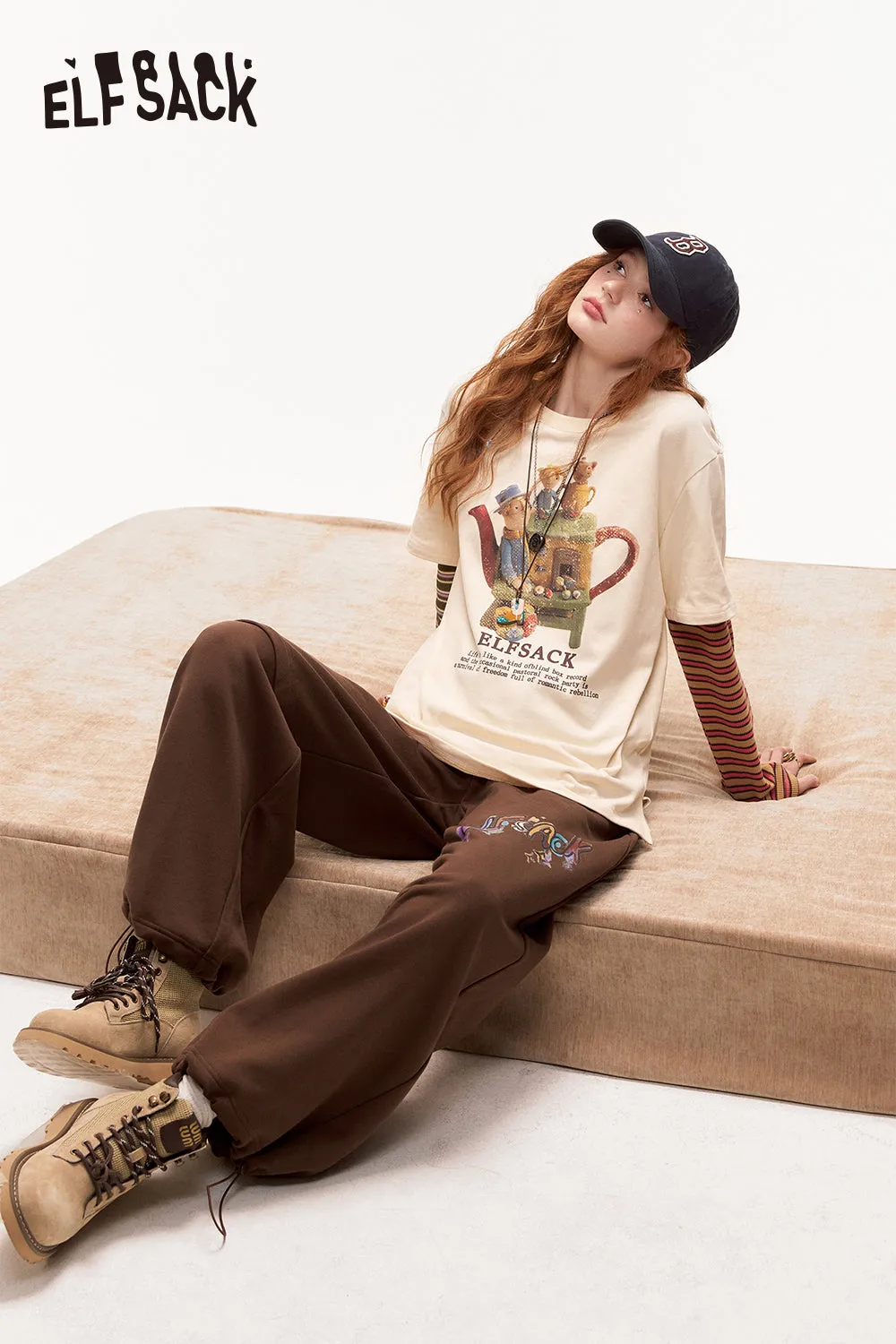 ELFSACK 2024 Autumn New Arrivals Printed Casual Sports Sweatpants for Women Loose Wide Leg Relaxed Fit