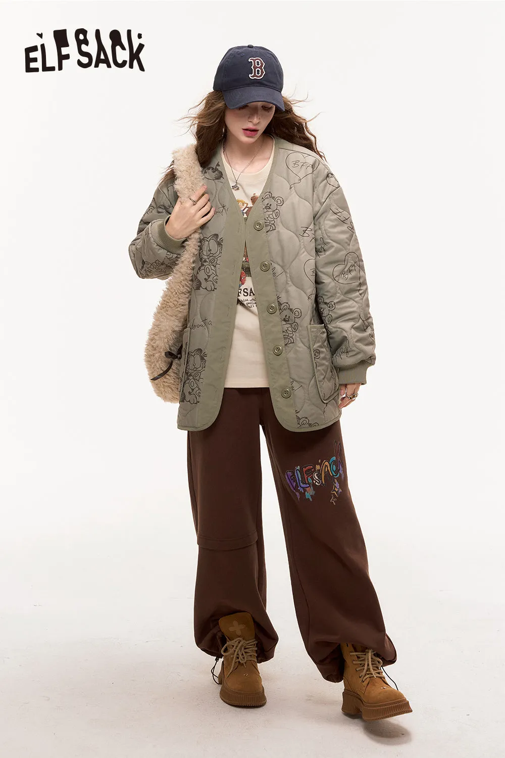 ELFSACK 2024 Autumn New Arrivals Printed Casual Sports Sweatpants for Women Loose Wide Leg Relaxed Fit