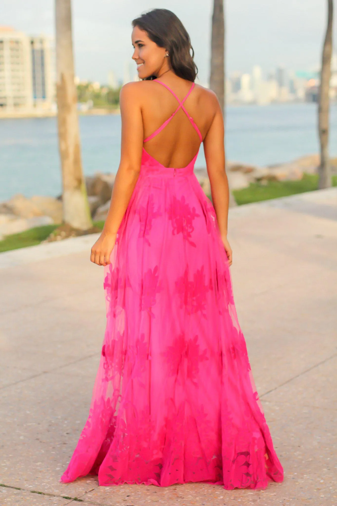 Fuchsia Floral Tulle Maxi Dress with Criss Cross Back