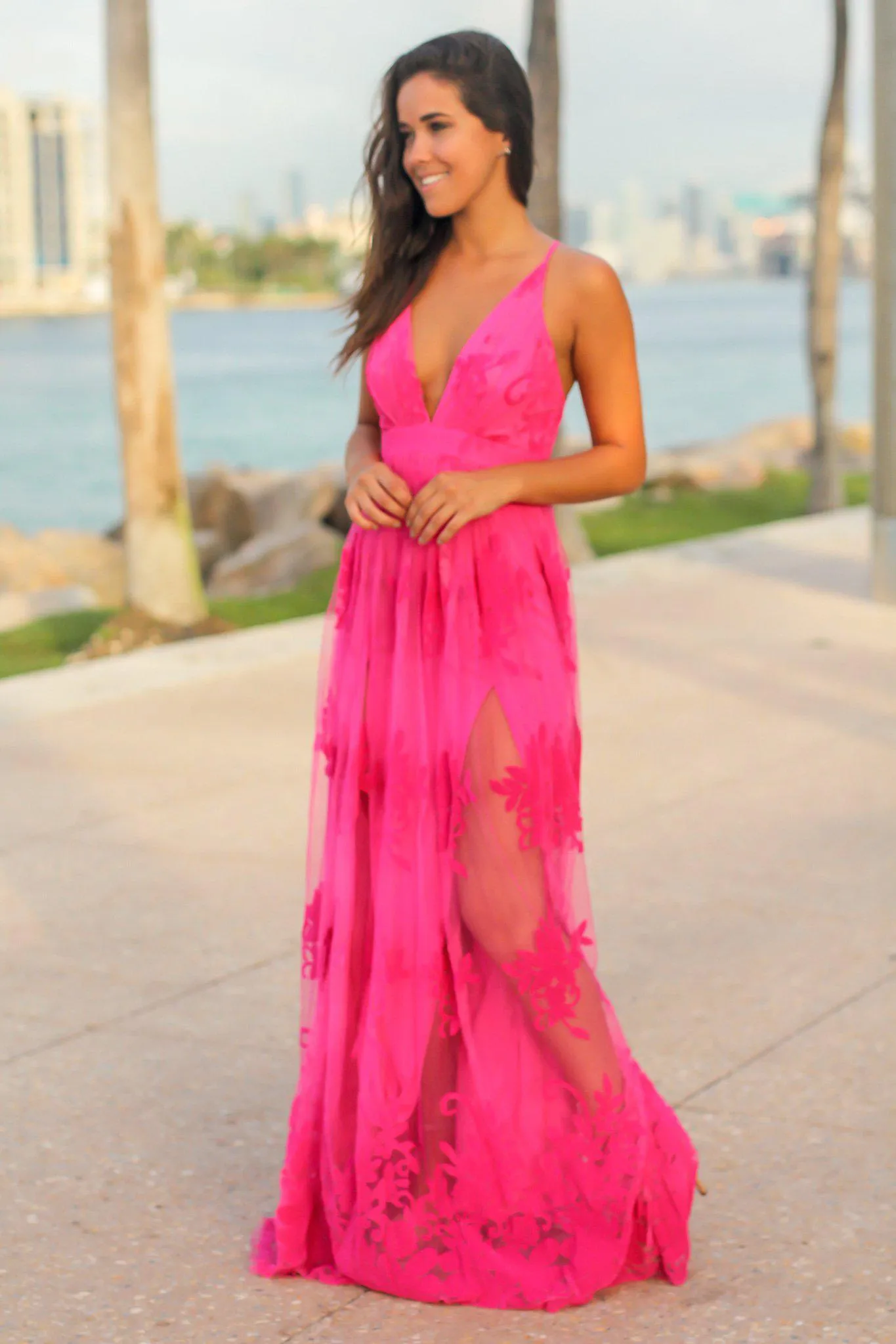 Fuchsia Floral Tulle Maxi Dress with Criss Cross Back