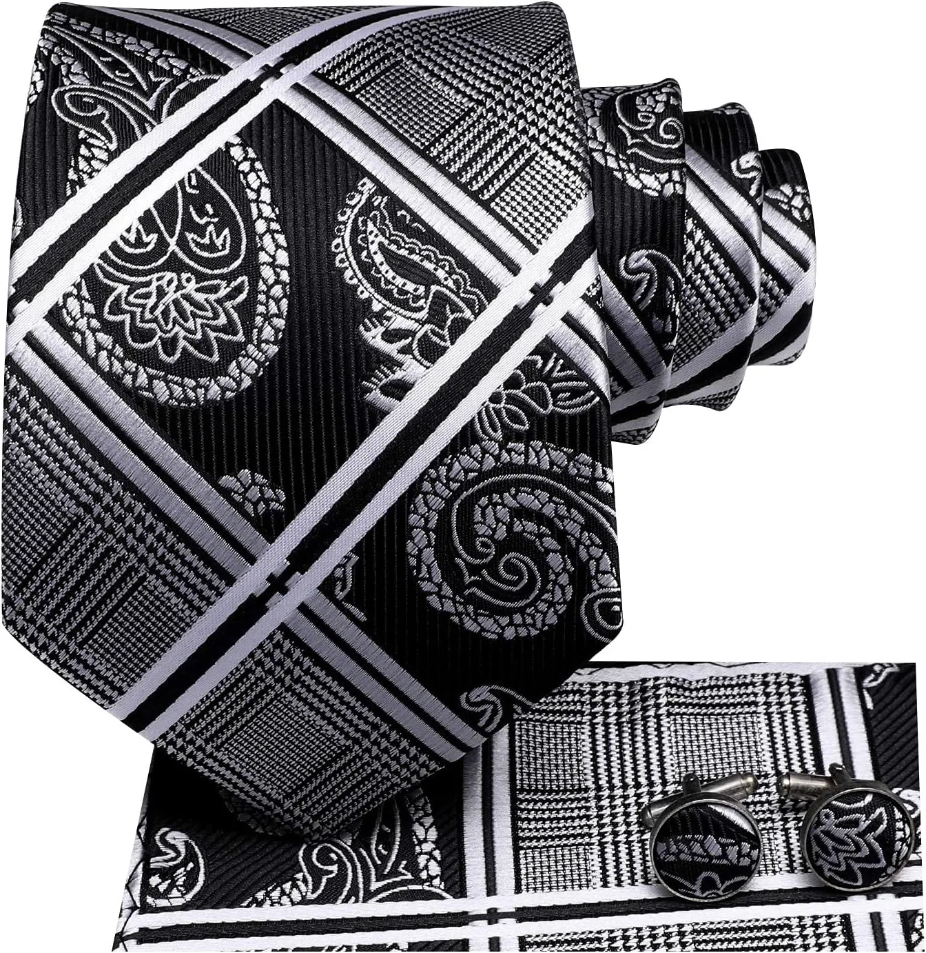 Hi-Tie 3 Pcs Gift Box Mens Tie Set Necktie with Pocket Square Cufflinks Lapel Pin Silk Neck Tie Collection