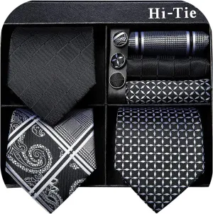 Hi-Tie 3 Pcs Gift Box Mens Tie Set Necktie with Pocket Square Cufflinks Lapel Pin Silk Neck Tie Collection