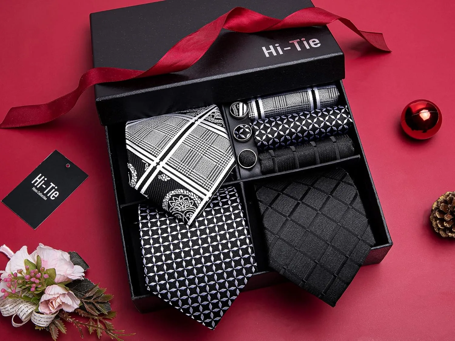 Hi-Tie 3 Pcs Gift Box Mens Tie Set Necktie with Pocket Square Cufflinks Lapel Pin Silk Neck Tie Collection
