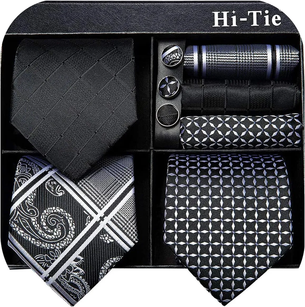 Hi-Tie 3 Pcs Gift Box Mens Tie Set Necktie with Pocket Square Cufflinks Lapel Pin Silk Neck Tie Collection