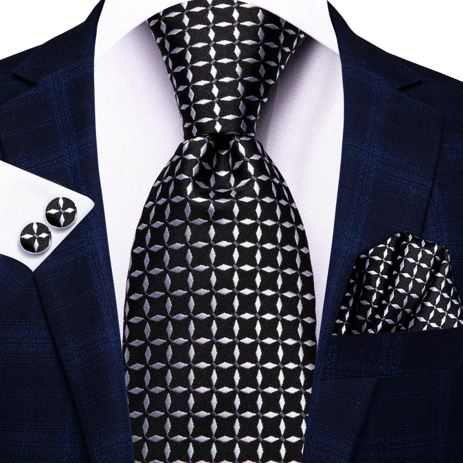 Hi-Tie 3 Pcs Gift Box Mens Tie Set Necktie with Pocket Square Cufflinks Lapel Pin Silk Neck Tie Collection