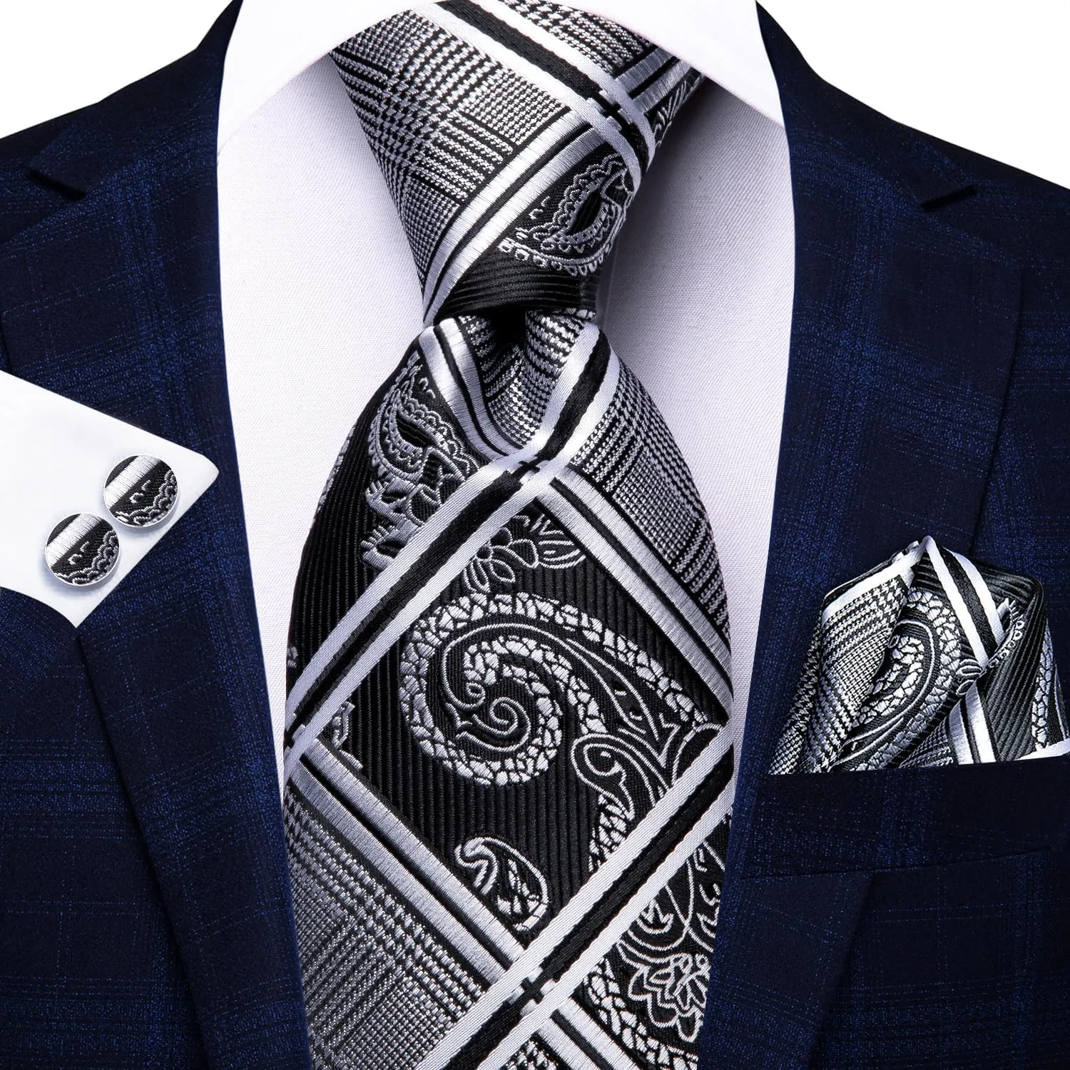 Hi-Tie 3 Pcs Gift Box Mens Tie Set Necktie with Pocket Square Cufflinks Lapel Pin Silk Neck Tie Collection