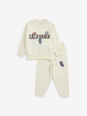 HOP Kids Light Yellow Text Print Sweatshirt & Pants Set