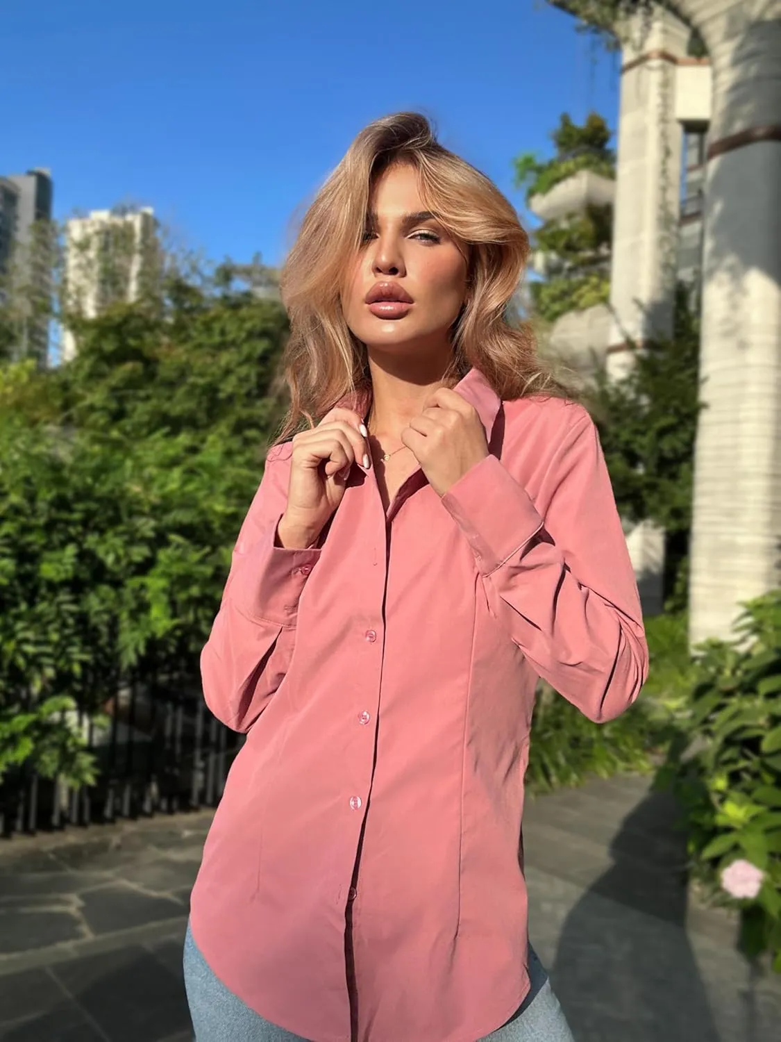 HOTOUCH Women's Button Down Shirts Long Sleeve Dress Shirt Slim Fitted Work Tops Collared Dressy Casual Business Blouses