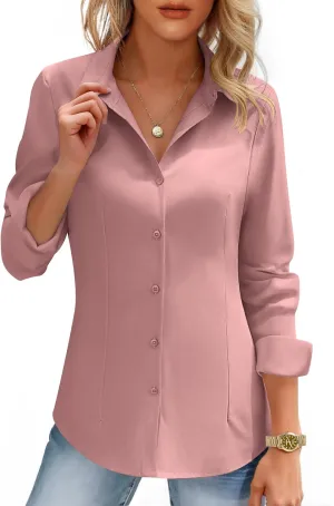 HOTOUCH Women's Button Down Shirts Long Sleeve Dress Shirt Slim Fitted Work Tops Collared Dressy Casual Business Blouses