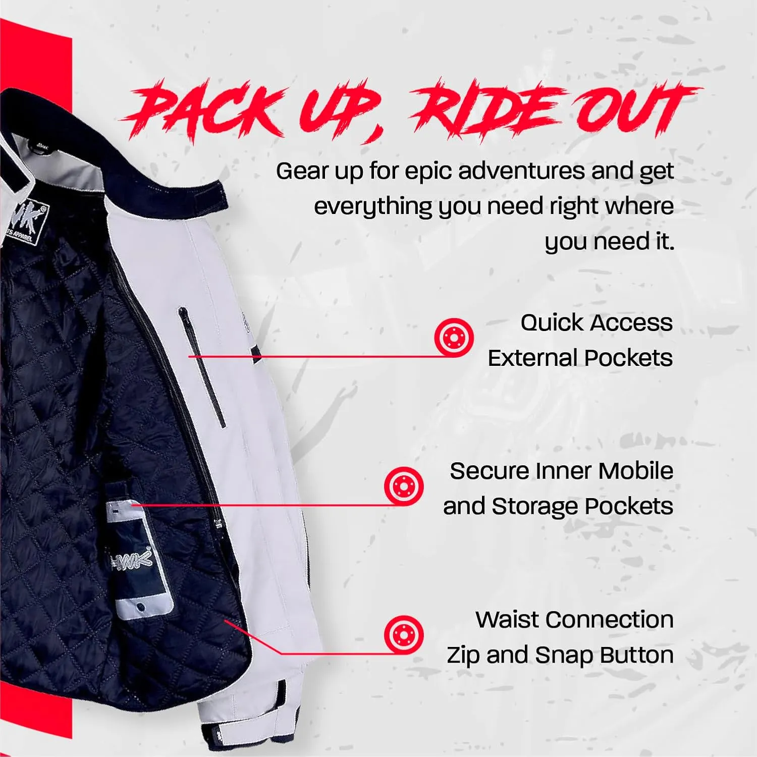 HWK Motorcycle Jacket for Men & Women, Waterproof, High Visibility Rain Jacket with CE Armor, Adjustable, Durable Polyester Motorcycle Riding Jacket, Dirt Bike Gear Enduro Racing, Silver, 3XL