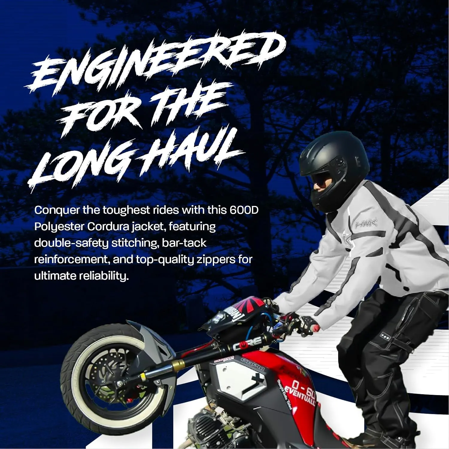 HWK Motorcycle Jacket for Men & Women, Waterproof, High Visibility Rain Jacket with CE Armor, Adjustable, Durable Polyester Motorcycle Riding Jacket, Dirt Bike Gear Enduro Racing, Silver, 3XL