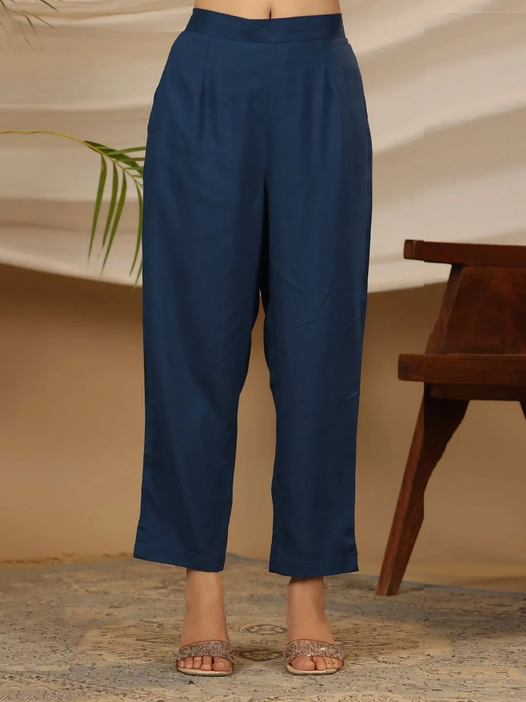 Jashvi Blue Floral Printed Rayon Kurta Pants & Dupatta Set With Sequins Work