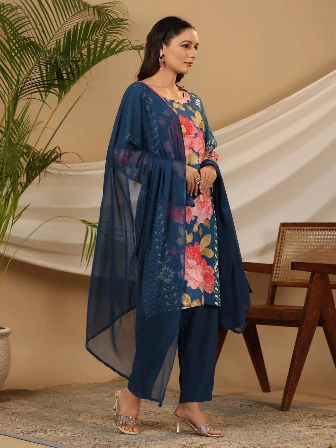 Jashvi Blue Floral Printed Rayon Kurta Pants & Dupatta Set With Sequins Work