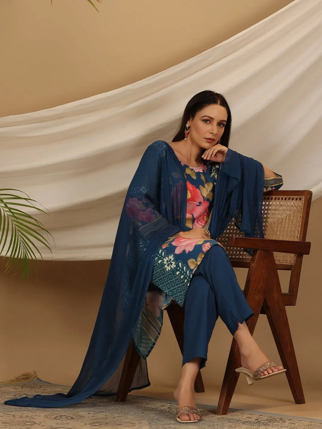 Jashvi Blue Floral Printed Rayon Kurta Pants & Dupatta Set With Sequins Work
